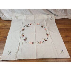 Vintage Embroidered Bunny Easter Egg Blue Flower White Tablecloth